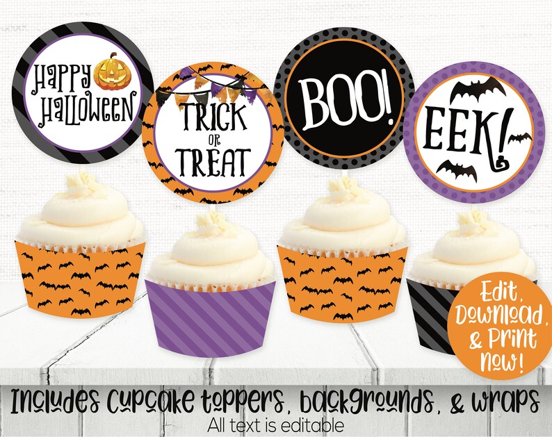 Peut inclure: Toppers, fonds et emballages de cupcakes d'Halloween imprimables. Les toppers pr&eacute;sentent des pois noirs et blancs, des chauves-souris orange et noires et des rayures violettes et blanches. Le texte sur les toppers comprend "Happy Halloween", "Trick or Treat", "Boo!" et "Eek!"