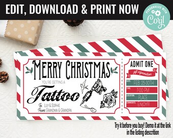 Christmas Surprise Tattoo Ink Gift Voucher, Tattoo Gift Present Printable Template Gift Card, Editable Instant Download Gift Certificate