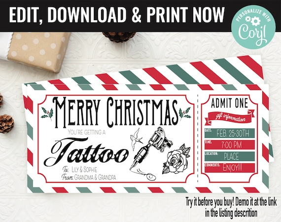 Christmas Surprise Tattoo Ink Gift Voucher, Tattoo Gift Present Printable Template Gift Card, Editable Instant Download Gift Certificate Il_570xn