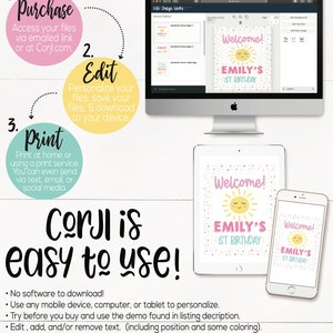 May include: A pink and yellow printable welcome sign with a smiling sun and the text "Welcome! Emily's 1st Birthday". The sign is shown on a computer screen and a mobile phone.