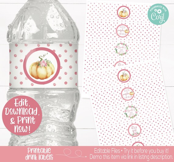 Pumpkin Baby Shower Water Bottle Labels, Pumpkin Baby Shower Decor, Fall Girl Baby Shower, Little Pumpkin Baby Shower, Pumpkin Water Wraps Il_570xn