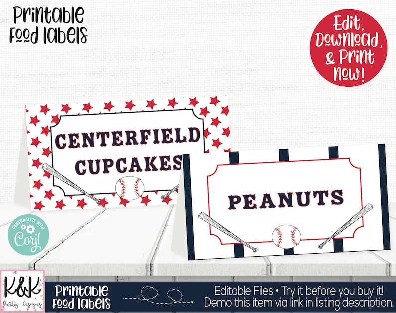 Baseball Food Labels Baseball Buffet Cards Baseball Place Cards Baseball Birthday Party Decorations Baseball Printable 1st