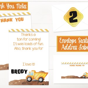May include: A set of construction-themed stationery, including thank you notes, envelope seals, and address labels. The thank you notes feature a dump truck illustration and the name "Brody". The envelope seal has a number "2".