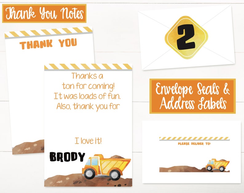 May include: A set of construction-themed stationery, including thank you notes, envelope seals, and address labels. The thank you notes feature a dump truck illustration and the name "Brody". The envelope seal has a number "2".