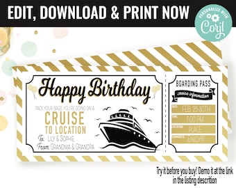 Op de afbeelding: Een afdrukbare verjaardagskaart die is ontworpen om eruit te zien als een cruiseticket. De kaart is goud en wit met zwarte tekst. Het staat "Happy Birthday" en "Pak je tassen, je gaat op cruise naar [locatie]" met een zwart silhouet van een cruiseschip. De kaart bevat ook een instapkaart met de tekst "Boarding Pass" en "Cruise Information".