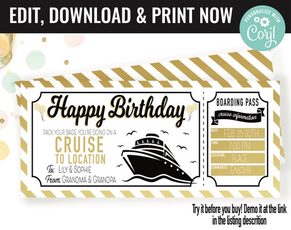 Birthday Cruise Trip Ticket Surprise Gift Voucher, Boarding Pass Cruise Trip Printable Template, Editable Instant Download Gift Certificate Il_570xn