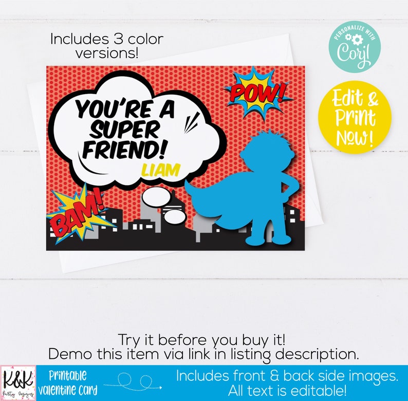May include: A printable Valentine's Day card featuring a superhero theme. The card has a red background with white polka dots and a speech bubble that says "You're a Super Friend!" with the name "Liam" written below. The card also features a superhero silhouette in a blue cape and a cityscape in the background.
