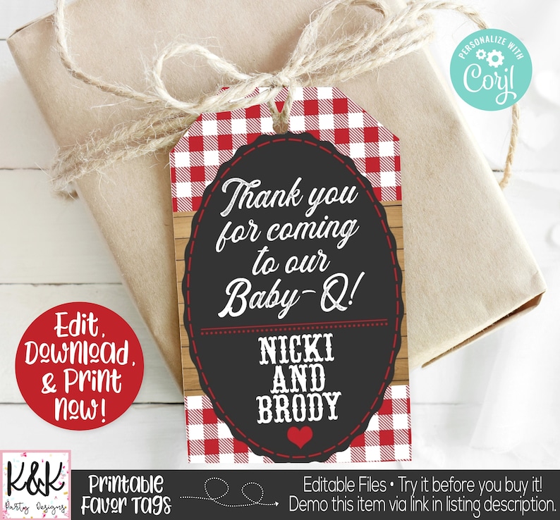 May include: Red and white checkered printable favor tag with the text "Thank you for coming to our Baby-Q! Nicki and Brody".