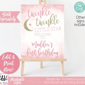 Pu&ograve; includere: Cartello stampabile rosa e oro con il testo "Twinkle Twinkle Little Star Welcome to Maddox's First Birthday".