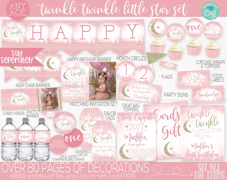Twinkle Twinkle Little Star Party Decorations, Twinkle Little Star Party Sign, First Birthday Girl, Girl 1st Birthday, Editable Instant image 6