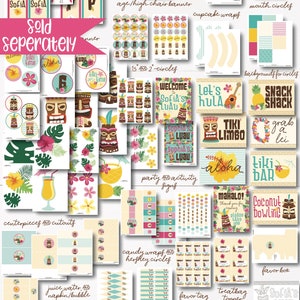 May include: Printable Luau party decorations in a tropical theme with tiki icons, flowers, and the text "Sofia's Luau". The set includes 80+ pages of decor, including banners, cupcake wrappers, food labels, party hats, and more.