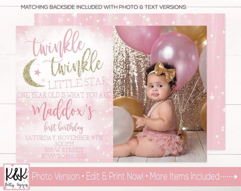 May include: Pink and gold first birthday invitation with a photo of a baby girl holding balloons. The invitation says "Twinkle Twinkle Little Star" and "Maddox's First Birthday".