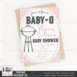 May include: Pink and white gingham baby shower invitation with a black and white illustration of a barbecue. The text reads "Join us for a Baby-Q Shana & Ben's Baby Shower. Saturday, July 26th 2:00 pm 1234 South Street City, State RSVP 555.5555 Registered at Target"