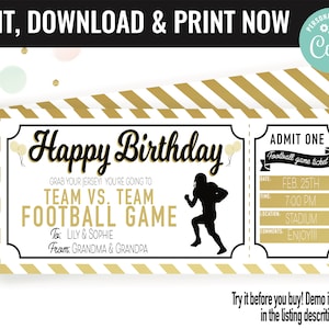 Birthday Football Ticket Surprise Gift Voucher, Football Game Surprise Printable Template Gift Card, Editable Instant Download Certificate