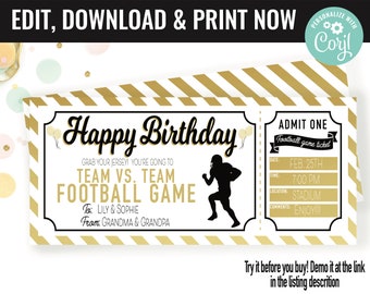 Birthday Football Ticket Surprise Gift Voucher, Football Game Surprise Printable Template Gift Card, Editable Instant Download Certificate