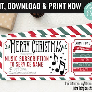 Christmas Surprise Music Subscription Service Gift Voucher, Music Printable Template Gift Card, Editable Instant Download Gift Certificate image 1