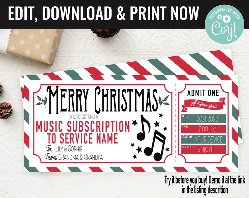 Christmas Surprise Music Subscription Service Gift Voucher, Music Printable Template Gift Card, Editable Instant Download Gift Certificate image 1