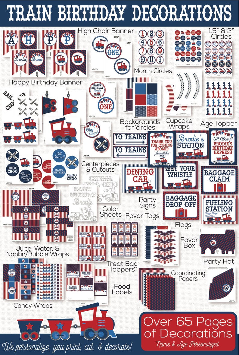 May include: A printable set of train-themed birthday party decorations in red, blue, and white. The set includes over 65 pages of decorations, including banners, circles, cupcake wrappers, centrepieces, signs, favour tags, treat bag toppers, food labels, candy wrappers, flags, a favour box, and a party hat. The set is personalised with the name and age of the birthday child.