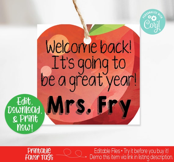 Welcome Back to School Favor Tag, Teacher Favor Tag, Back to School Gift, First Day of School Tag, Teacher Appreciation, Apple, Printable Il_570xn