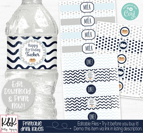 Pancakes and Pajamas Water Bottle Labels, Pancakes and Pajamas Drink Labels, Pancakes and Pajamas Birthday Party Decorations, 1st Birthday Il_570xn