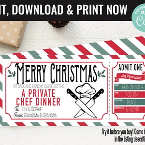 Christmas Surprise Private Chef Dinner Gift Voucher, Private Chef Printable Template Gift Card, Editable Instant Download Gift Certificate