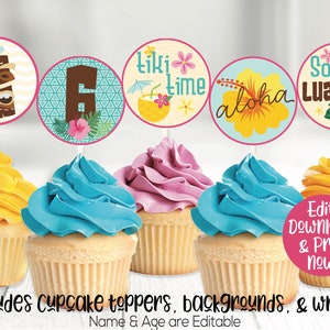 Luau Party Cupcake Toppers, Luau Birthday Cupcake Toppers, Luau Party Decorations, Tropical Party Decor, Luau Printable, Tiki Party, Hawaii Bild 2