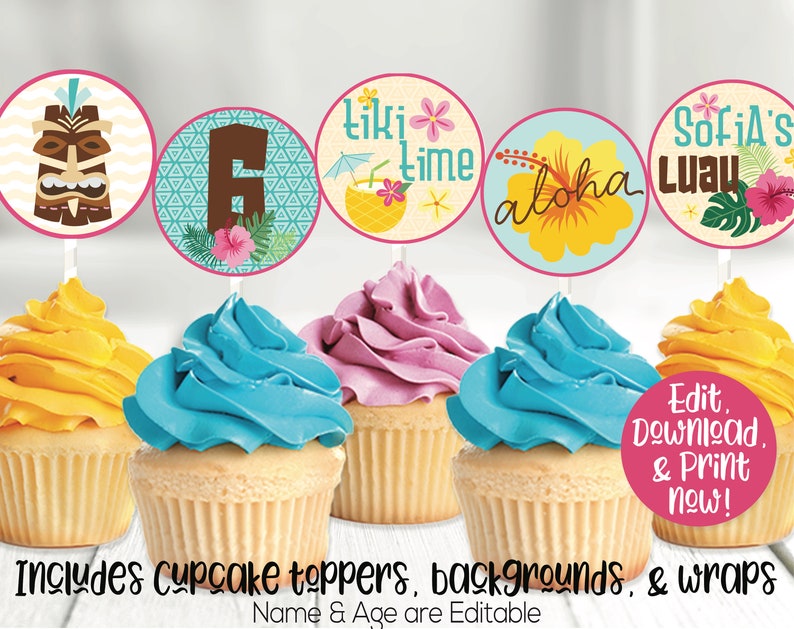Luau Party Cupcake Toppers, Luau Birthday Cupcake Toppers, Luau Party Decorations, Tropical Party Decor, Luau Printable, Tiki Party, Hawaii Bild 2