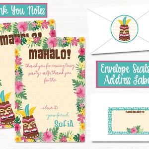 May include: Two thank you cards with a tropical theme. The cards feature a floral border with pink hibiscus flowers and green leaves. The text on the cards reads "Mahalo!" and "Thank you for coming to my party, also thank you for the... I love it. Your friend, Sofia".