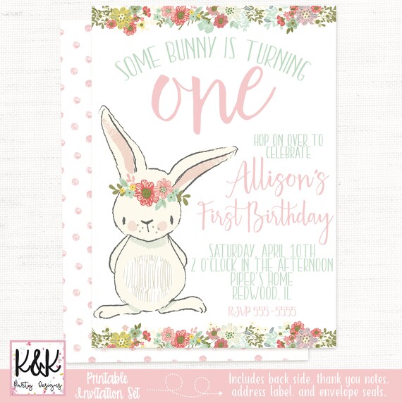 Bunny Birthday Party Invitation, Some Bunny is One, Spring Birthday, First Birthday Girl, Shabby Chic, Girls 1st Birthday, Easter Birthday Il_570xn