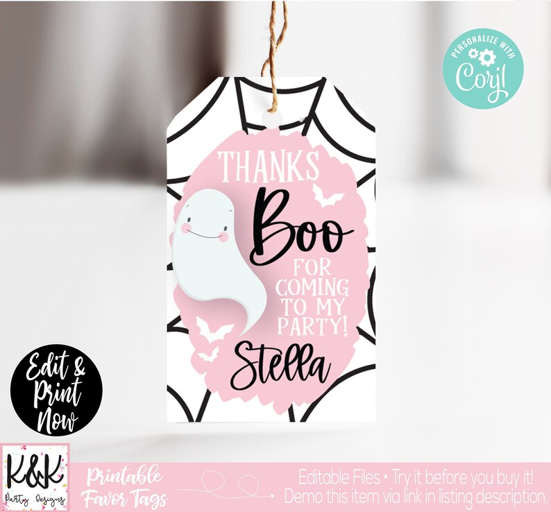 Puede incluir: Etiqueta de favor de Halloween imprimible con un dise&ntilde;o de fantasma rosa y blanco. La etiqueta dice "Gracias Boo por venir a mi fiesta! Stella".