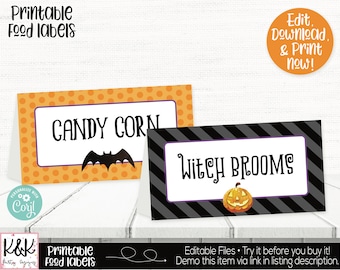 May include: Printable Halloween food labels with orange and black polka dot and striped designs. The labels say "Candy Corn" with a bat and "Witch Brooms" with a jack-o-lantern.