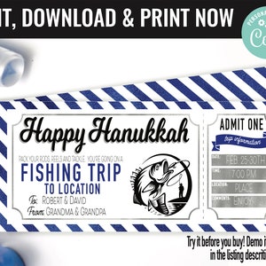 May include: A printable blue and white striped ticket with silver text that says "Happy Hanukkah" and "Fishing Trip to Location". The ticket has a graphic of a fish and a fisherman. The text also says "To: Robert & David" and "From: Grandma & Grandpa".