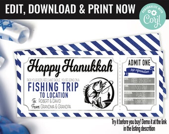 Hanukkah Fishing Trip Ticket Surprise Gift Voucher, Surprise Fishing Trip Printable Template, Editable Instant Download Gift Certificate