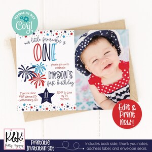 May include: Printable invitation set for a first birthday party with a red, white, and blue color scheme. The invitation features a photo of a baby wearing a red, white, and blue outfit, fireworks, and the text "our little firecracker is ONE".