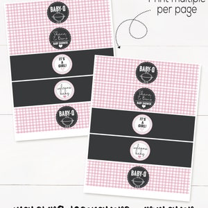 May include: Printable baby shower water bottle labels with a pink and white gingham pattern. The labels feature a black and white design with a grill, the text "Baby-Q", and the words "Shana & Ben's Baby Shower".