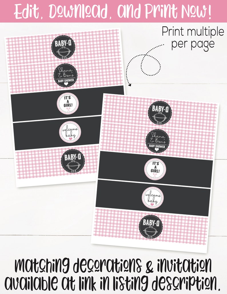 May include: Printable baby shower water bottle labels with a pink and white gingham pattern. The labels feature a black and white design with a grill, the text "Baby-Q", and the words "Shana & Ben's Baby Shower".