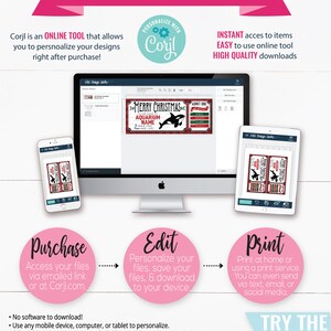 May include: A digital illustration showing how to personalize printable designs using the Corjl online tool. The image shows a computer screen, a tablet, and a smartphone, each displaying a different stage of the process: purchase, edit, and print. The text "TRY THE FREE DEMO" is displayed in a pink box at the bottom of the image.