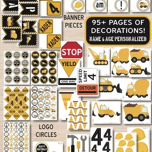 Puede incluir: Conjunto de decoraciones imprimibles con tem&aacute;tica de construcci&oacute;n en amarillo y negro para una fiesta. Incluye pancartas, letreros, logotipos, c&iacute;rculos y piezas centrales. &iexcl;M&aacute;s de 95 p&aacute;ginas de decoraciones! Nombre y edad personalizados.