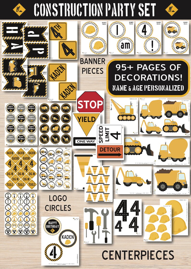 Puede incluir: Conjunto de decoraciones imprimibles con tem&aacute;tica de construcci&oacute;n en amarillo y negro para una fiesta. Incluye pancartas, letreros, logotipos, c&iacute;rculos y piezas centrales. &iexcl;M&aacute;s de 95 p&aacute;ginas de decoraciones! Nombre y edad personalizados.