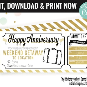 Anniversary Weekend Surprise Weekend Getaway Gift Voucher, Weekend Getaway Trip Printable Template Gift Card, Editable Instant Download Cert