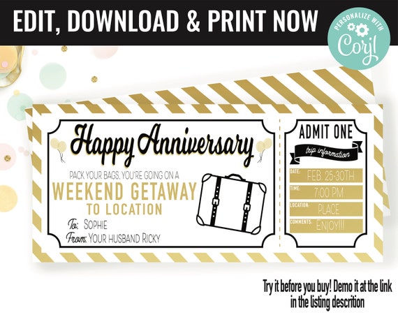 Anniversary Weekend Surprise Weekend Getaway Gift Voucher, Weekend Getaway Trip Printable Template Gift Card, Editable Instant Download Cert Il_570xn
