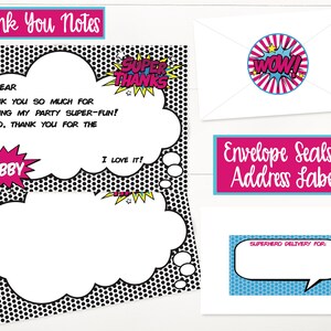 May include: Printable thank you cards with a comic book theme. The cards feature speech bubbles with the text "Thank You So Much For Making My Party Super-Fun! Also, Thank You For The" and "I Love It!" The cards also feature a speech bubble with the text "Gabby" and a speech bubble with the text "Super Thanks".