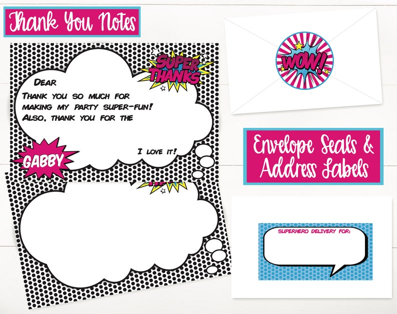 May include: Printable thank you cards with a comic book theme. The cards feature speech bubbles with the text "Thank You So Much For Making My Party Super-Fun! Also, Thank You For The" and "I Love It!" The cards also feature a speech bubble with the text "Gabby" and a speech bubble with the text "Super Thanks".