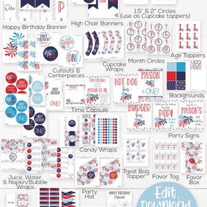 Puede incluir: Un paquete de fiesta del 4 de julio imprimible con un esquema de color rojo, blanco y azul. El paquete incluye una variedad de art&iacute;culos imprimibles, como pancartas, envoltorios para cupcakes, adornos para cupcakes, letreros de fiesta, etiquetas para alimentos y m&aacute;s. El paquete est&aacute; dise&ntilde;ado para una fiesta de primer cumplea&ntilde;os y presenta el nombre "Mason".
