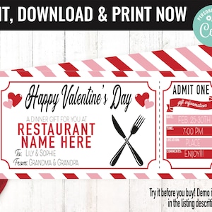 Valentines Surprise Restaurant Gift Voucher, Restaurant Dinner Date Printable Template Gift Card, Editable Instant Download Gift Certificate