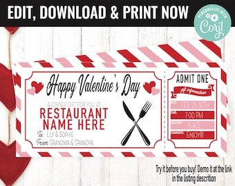 May include: Printable Valentine's Day gift certificate for a dinner at a restaurant. The certificate is red and white striped with a heart design and the text "Happy Valentine's Day". The text "ADMIT ONE" is on the right side of the certificate.