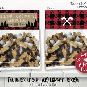 May include: Printable treat bag topper design with a red and black buffalo plaid pattern and a crossed axe graphic. The front of the topper says "Thank you! It was s'more fun with you here!" with the name "Dillon" below. The topper is 4.15 inches by 3.5 inches unfolded.