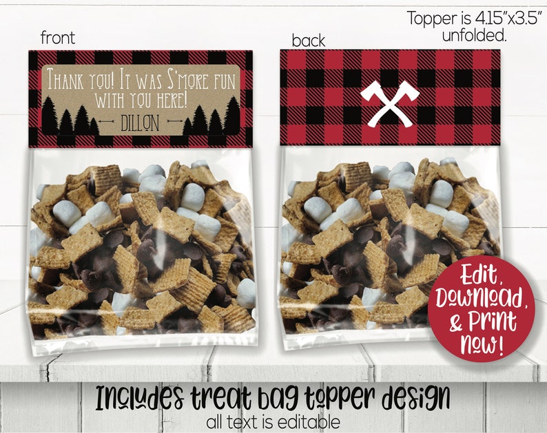 May include: Printable treat bag topper design with a red and black buffalo plaid pattern and a crossed axe graphic. The front of the topper says "Thank you! It was s'more fun with you here!" with the name "Dillon" below. The topper is 4.15 inches by 3.5 inches unfolded.
