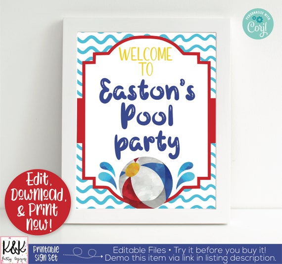 Pool Party Signs, Pool Party Welcome Signs, Pool Party Printable Signs, Pool Party Decorations, Swimming Party Decorations, Editable, Summer Il_570xn