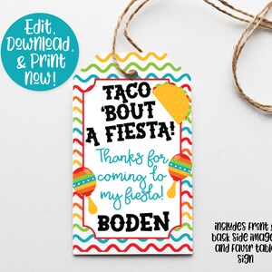 May include: A colorful printable favor tag with the text "Taco 'Bout A Fiesta!" and "Thanks for coming to my fiesta!" with a space for a name. The tag is decorated with a taco, maracas, and a wavy pattern.